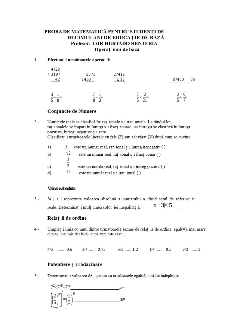 Test de Matematică Pentru Elevii Din Clasa A Zecea de Educație de Bază ...