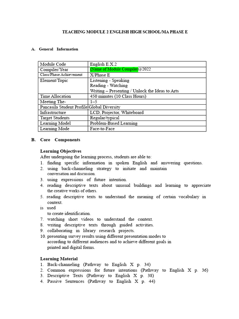 TEACHING MODULE Copy of UNIT 2 - TEACHING MODULE Pathway To English ...