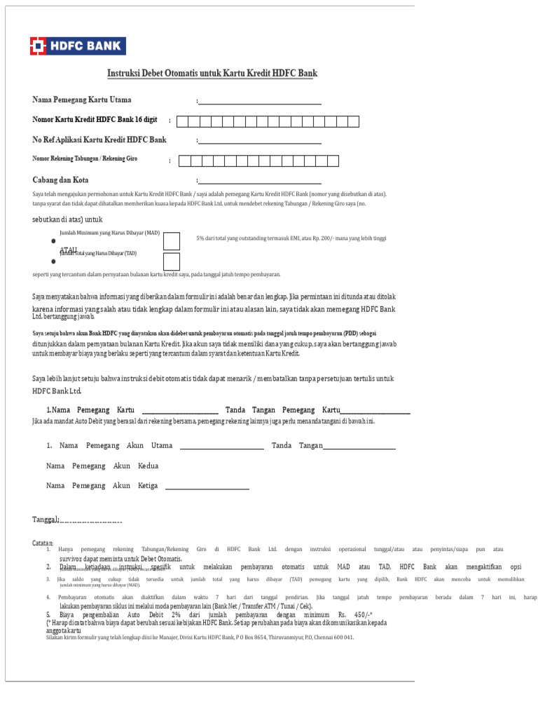 Instruksi Debit Otomatis HDFC Bank CC | PDF