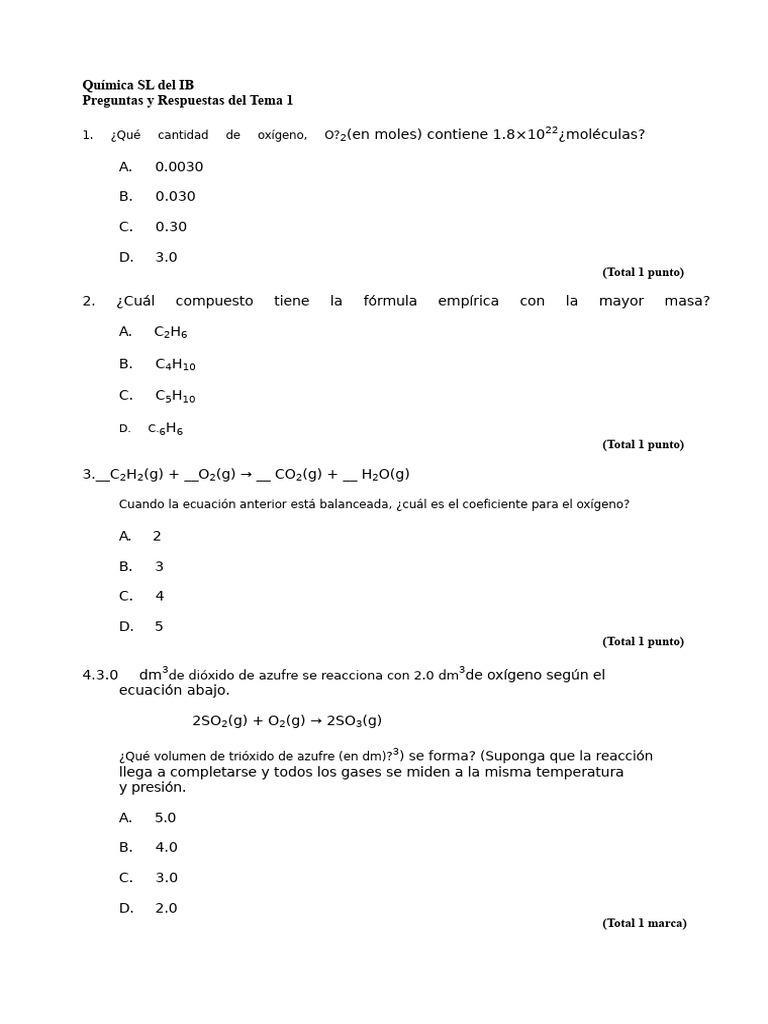 Preguntas de Química y Estequiometría | PDF | Gases | Mole (Unidad)