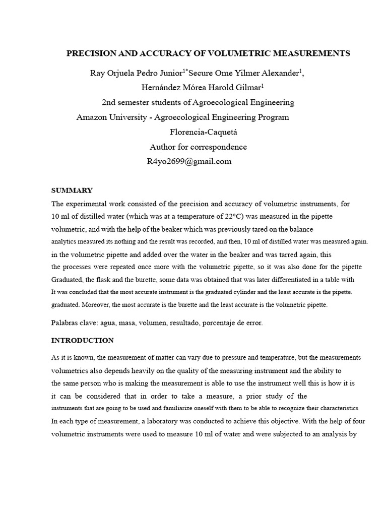 Volumetric Pipette Accuracy Analysis | PDF | Volume | Measurement