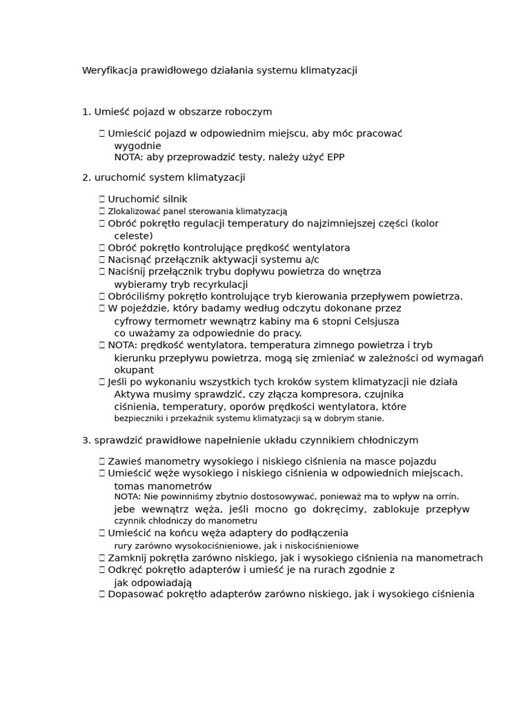 Weryfikacja Prawidłowego Działania Systemu Klimatyzacji | PDF
