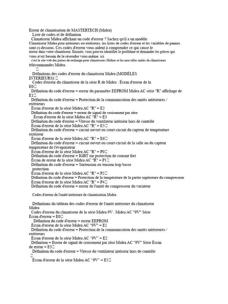 Codes d'erreur climatiseur Midea PDF Climatisation Immotique — free download