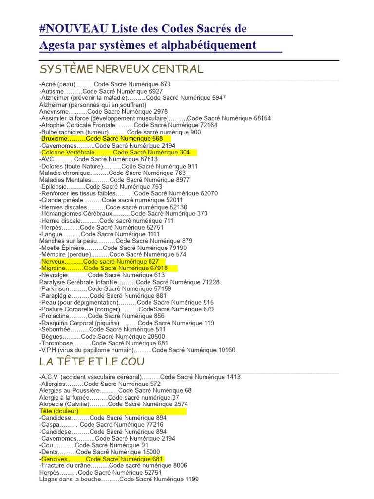 Codes Sacrés de Agesta par Maladie | PDF | Spécialités médicales ...