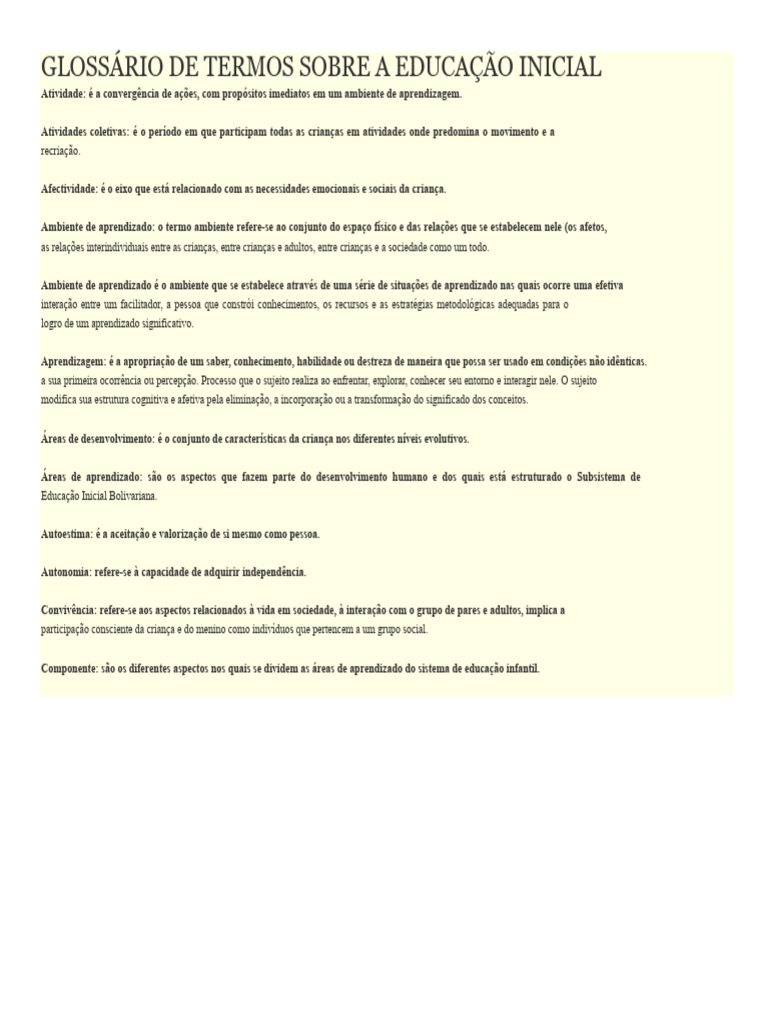 Glossário de Termos da Educação Inicial | PDF | Aprendizado | Educação ...