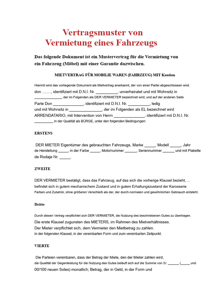 Mustervertrag Für Die Vermietung Eines Fahrzeugs | PDF