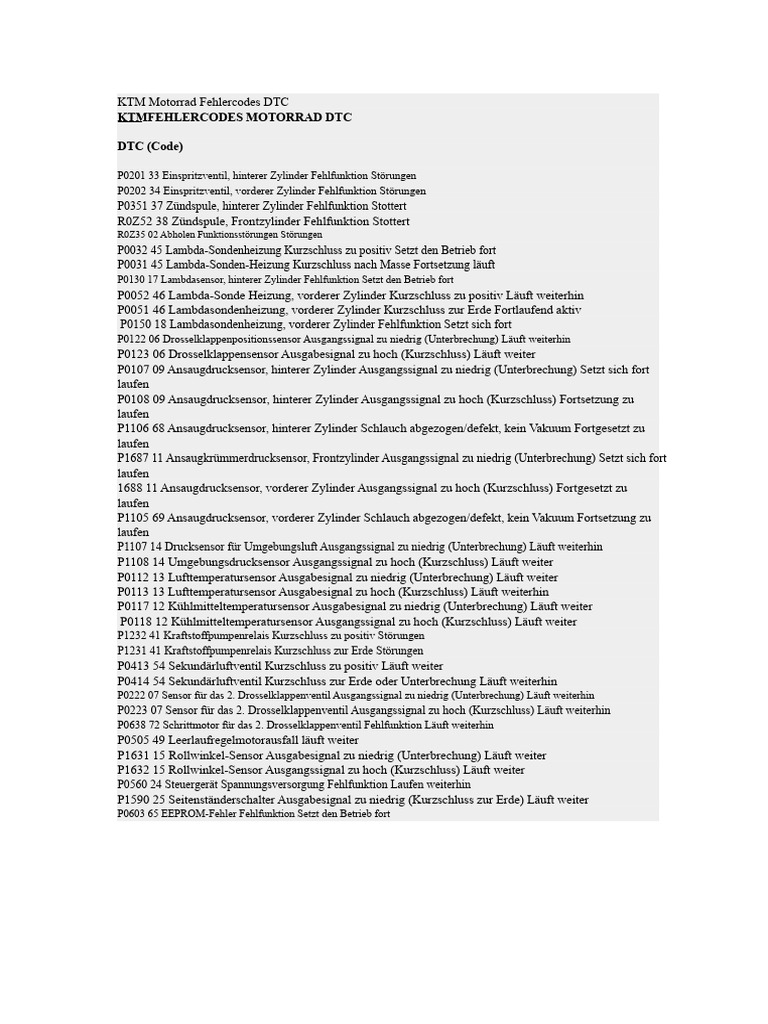KTM-Motorrad-Fehlercodes DTC | PDF