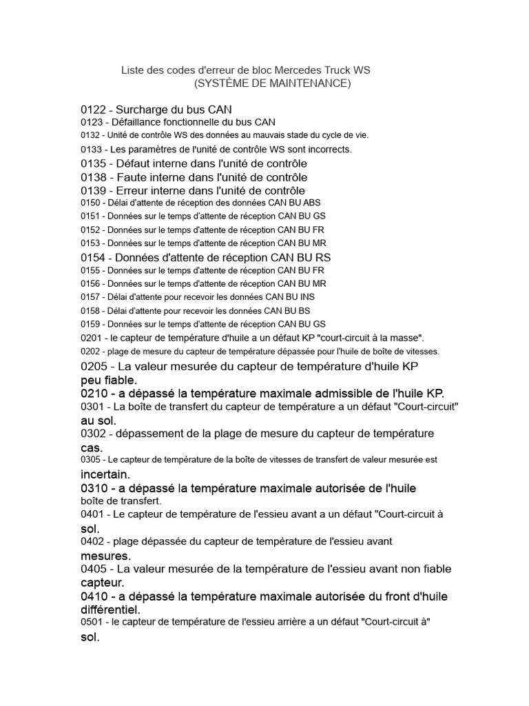 Codes d'erreur Mercedes Truck WS | PDF | Frein | Technologie des véhicules