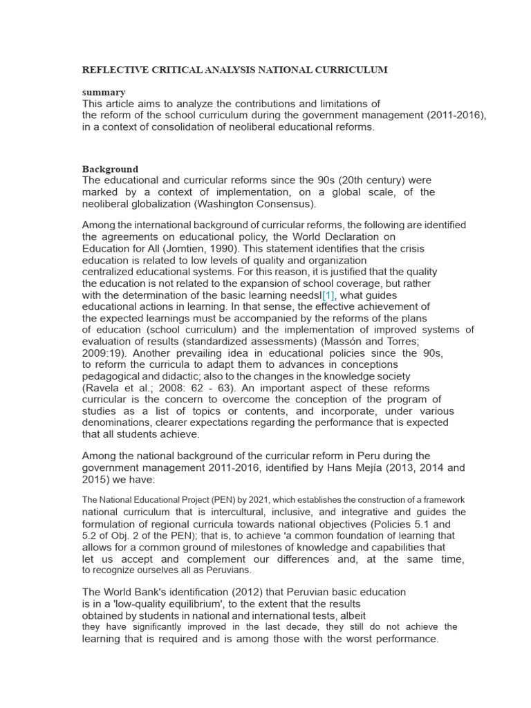 Critical Analysis of Peru's Curriculum Reform | PDF | Curriculum | Pedagogy
