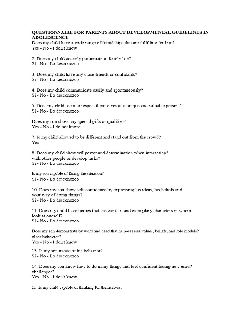 Parent Questionnaire on Adolescent Development | PDF | Adolescence ...