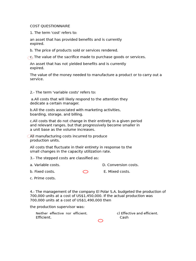 Cost Management and Analysis Questionnaire | PDF | Cost | Expense