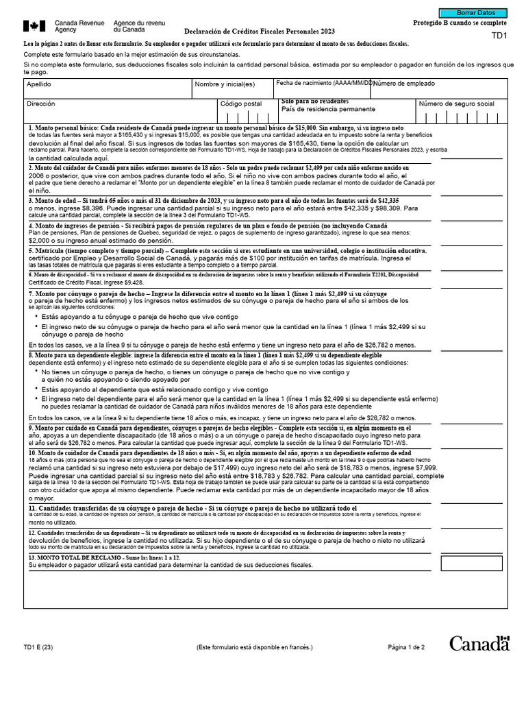 Td1 Rellenar 23e | PDF | Impuestos | Pensión
