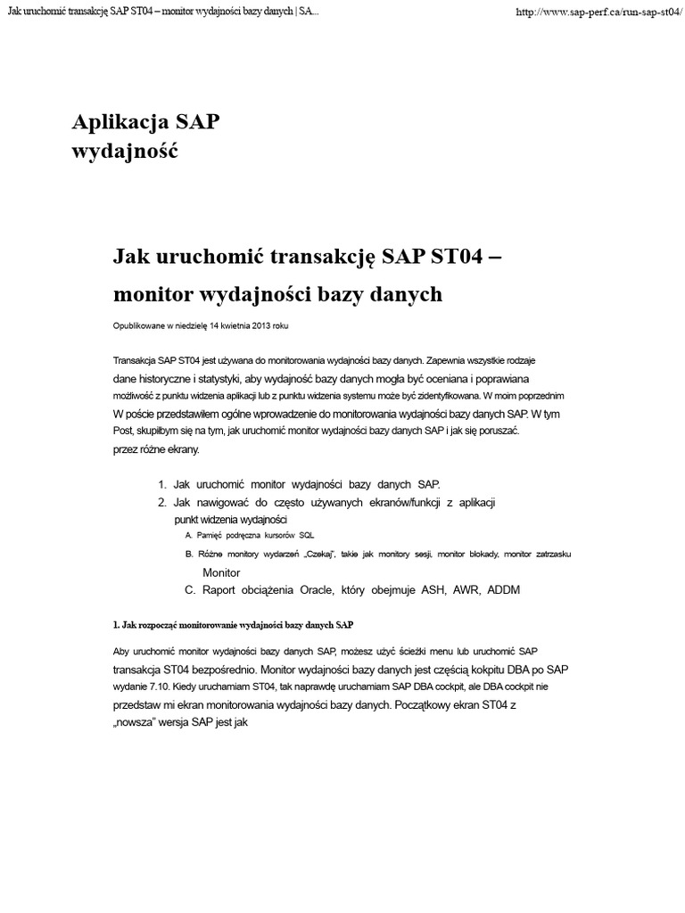 Jak Uruchomić Transakcję SAP ST04 - Monitor Wydajności Bazy Danych ...