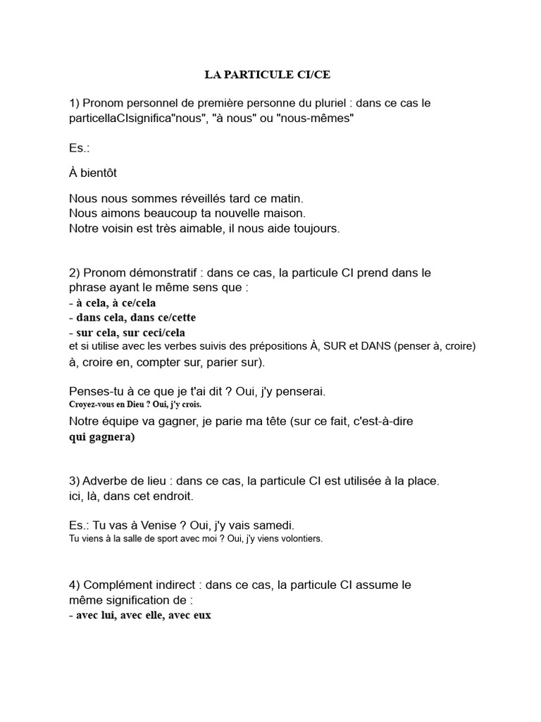 Comprendre la particule CI/NE PDF Pronom Verbe — free download