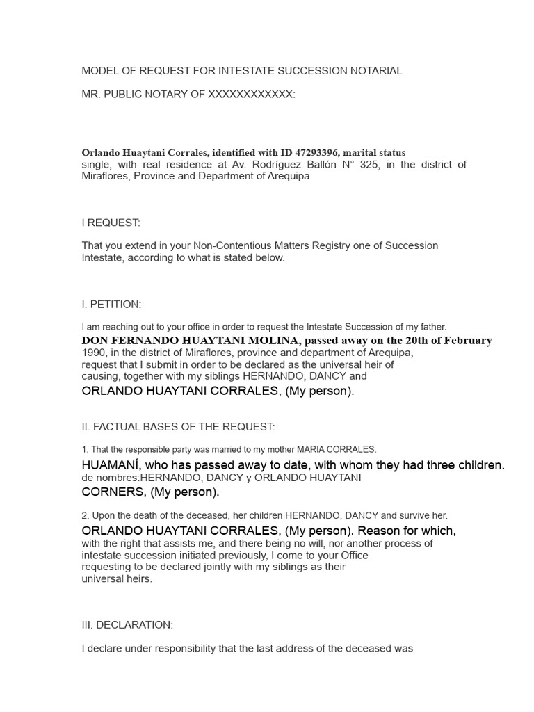 Intestate Succession Request Template | PDF | Birth Certificate ...