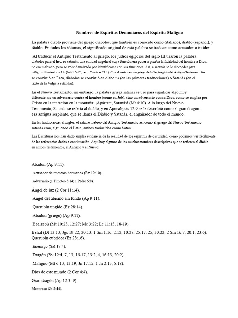 Nombres de Demonios y Espíritus Malignos | PDF | Satán | Demonios