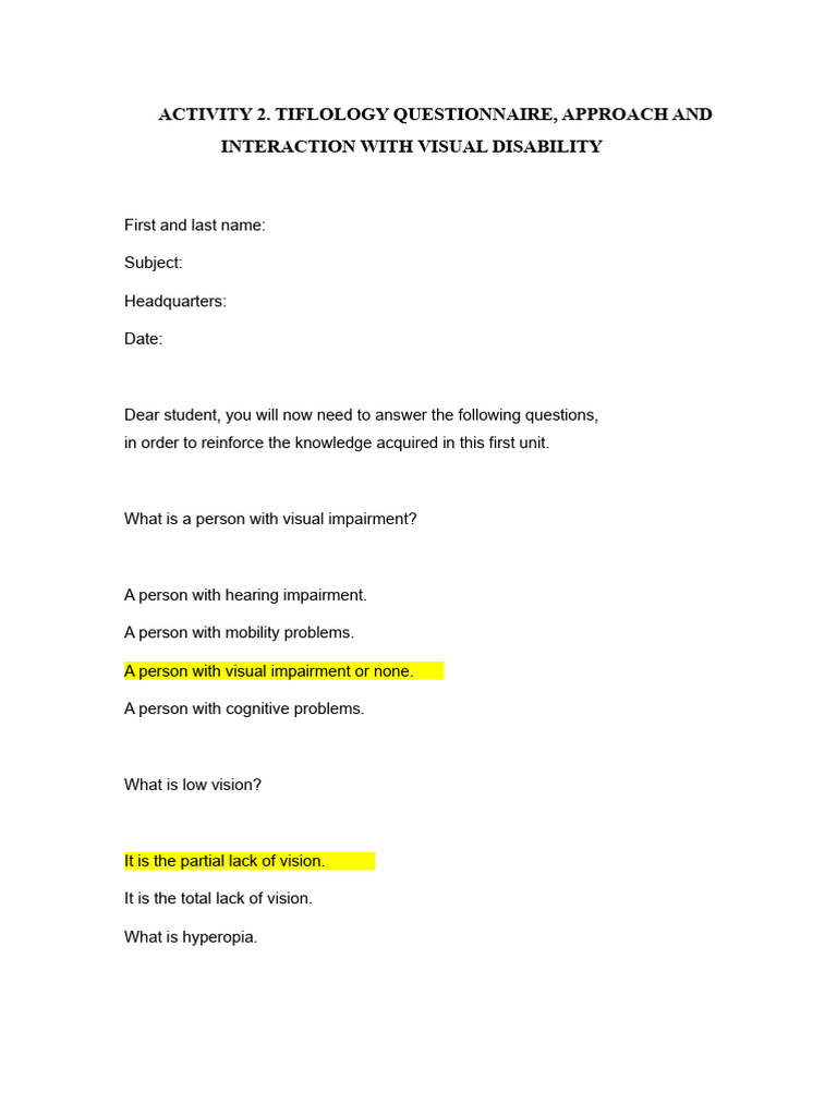 Tiflology Questionnaire on Visual Impairment | PDF
