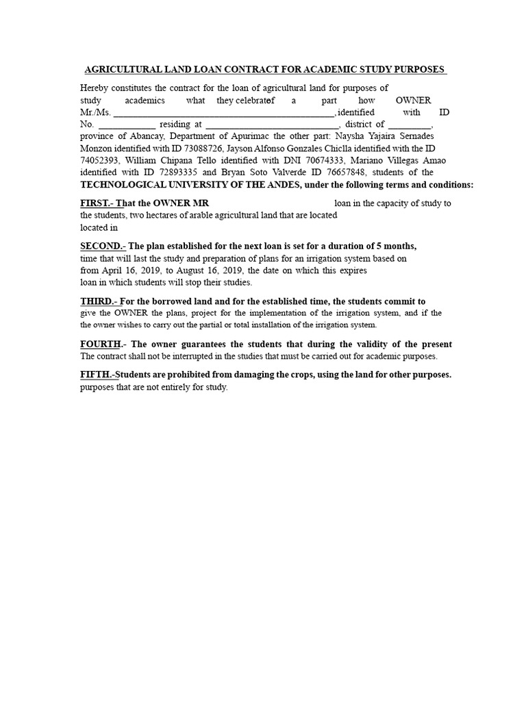 Agricultural Land Loan Agreement For Academic Purposes | PDF