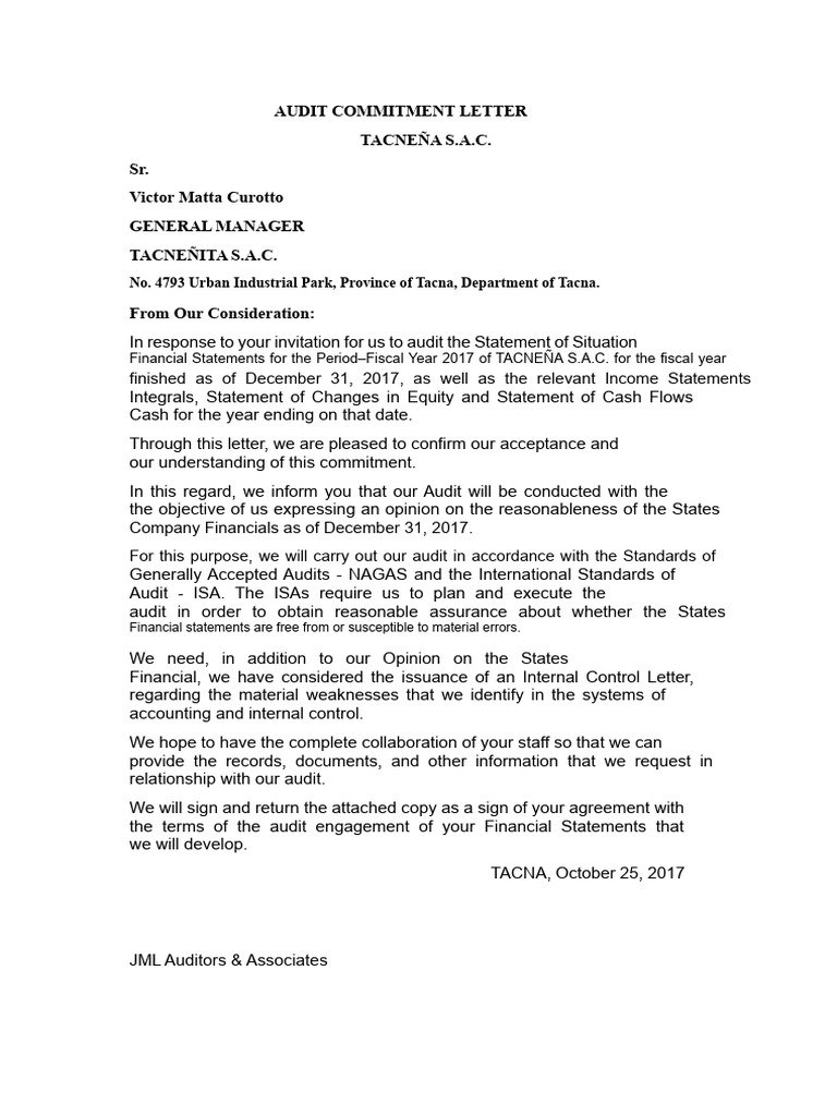 TACNEÑA S.A.C. Audit Commitment Letter | PDF | Audit | Accounting