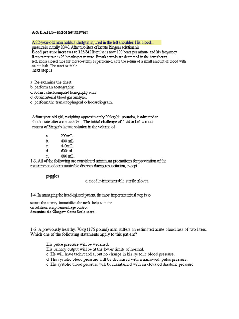 ATLS Exam Answers and Trauma Management | PDF | Major Trauma | Shock ...