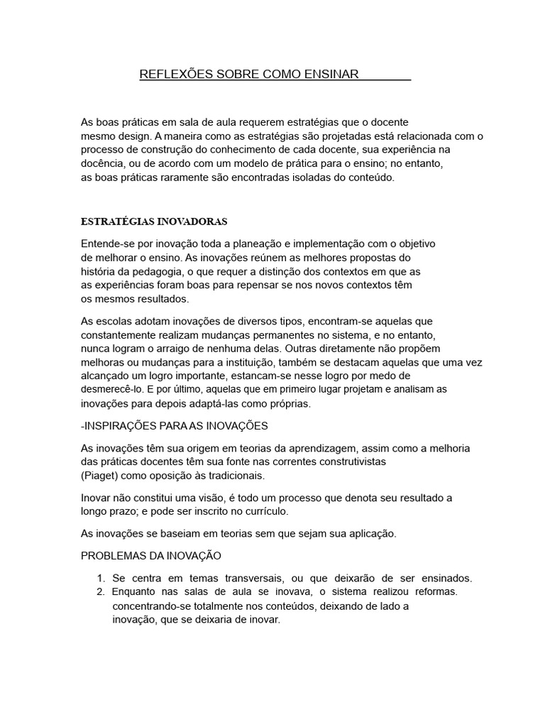 Reflexões em Torno de Como Ensinar | PDF | Pensamento | Aprendizado