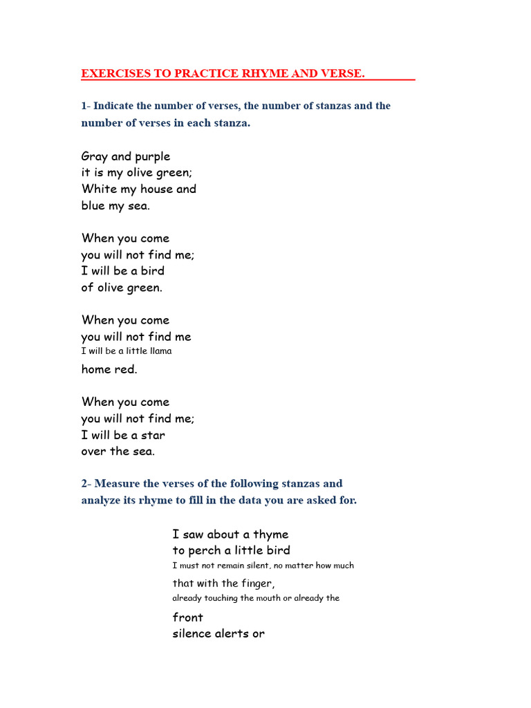 Exercises On The Form of The Poem | PDF | Rhyme | Poetry