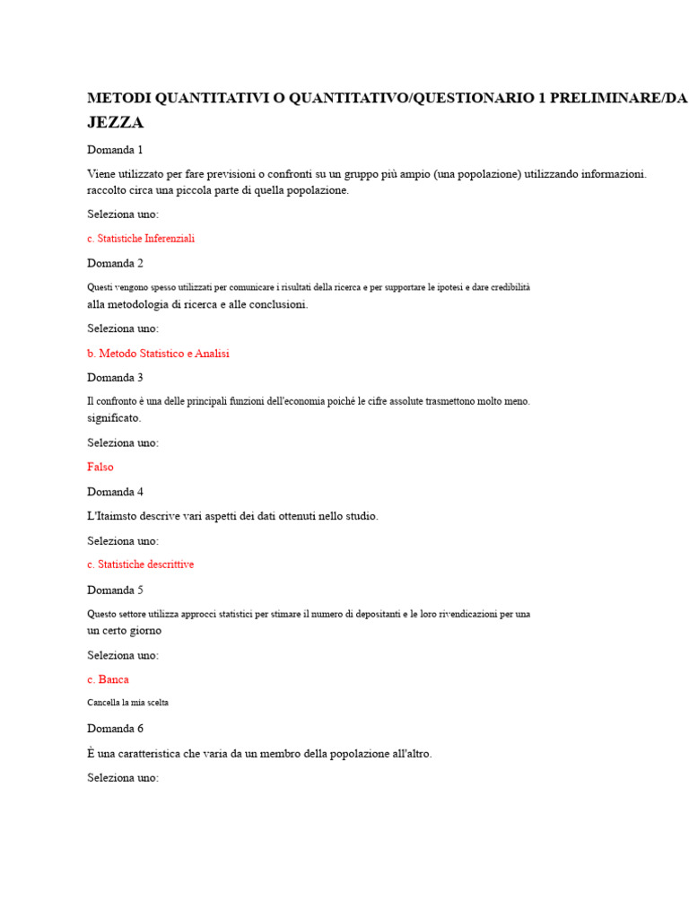 Metodi Quantitativi o Quiz Quantitativo 1 Preliminare Di Jezza | PDF
