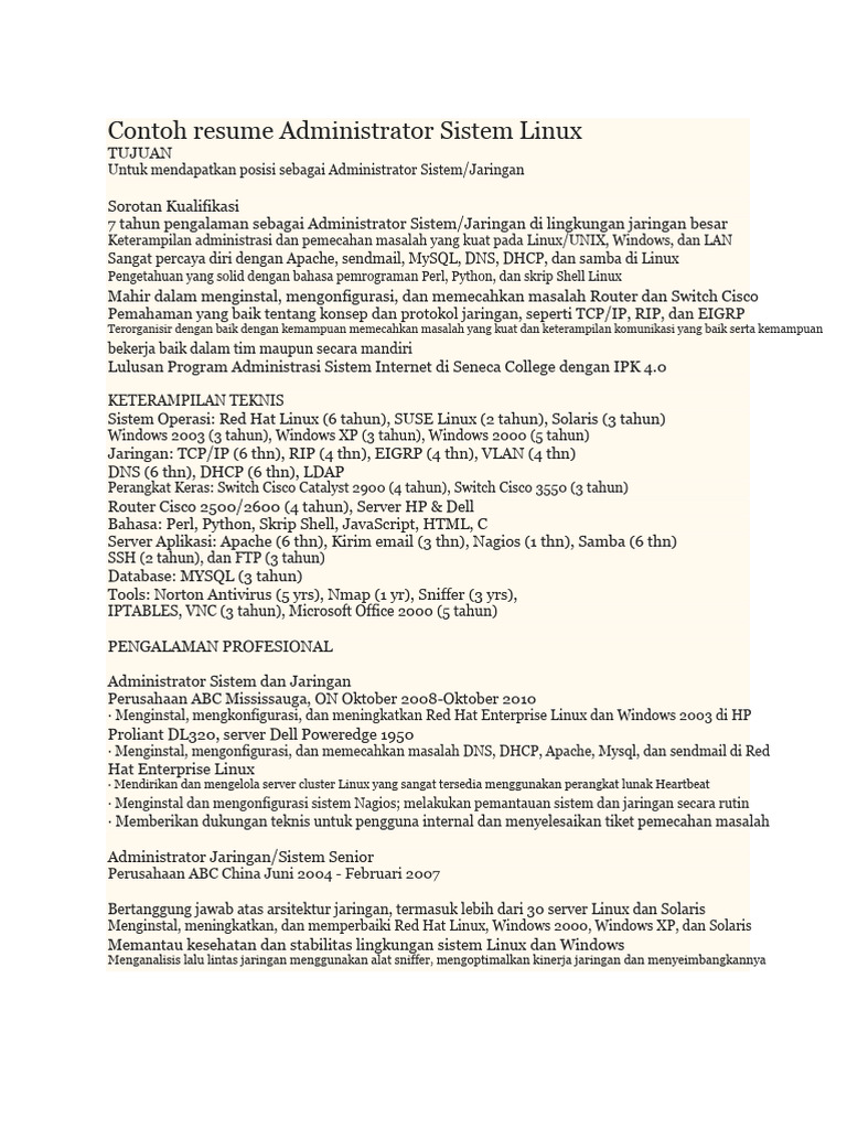 Contoh Resume Administrator Sistem Linux | PDF