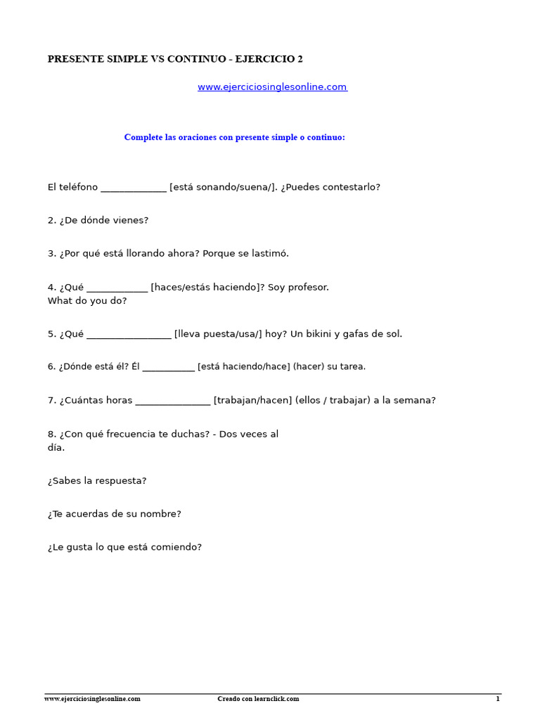 Ejercicios de Presente Simple y Continuo | PDF