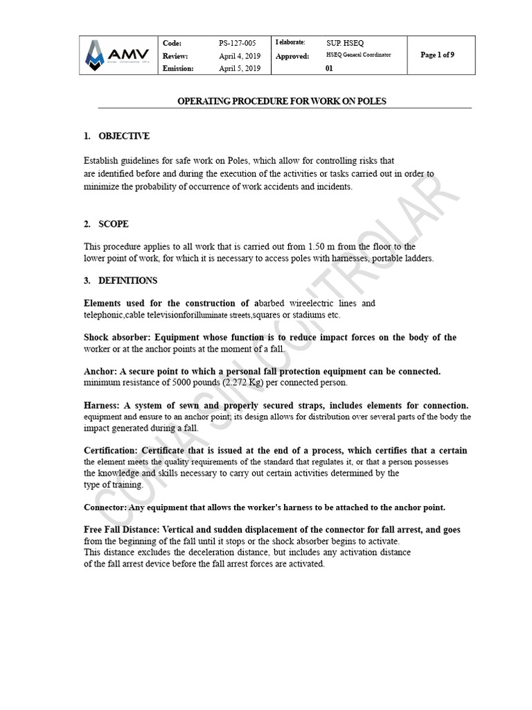 Safe Work Procedures for Pole Operations | PDF | Personal Protective ...