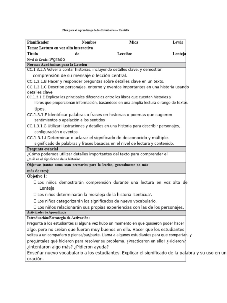Plan de Lectura Interactiva para 1° Grado | PDF | Léxico