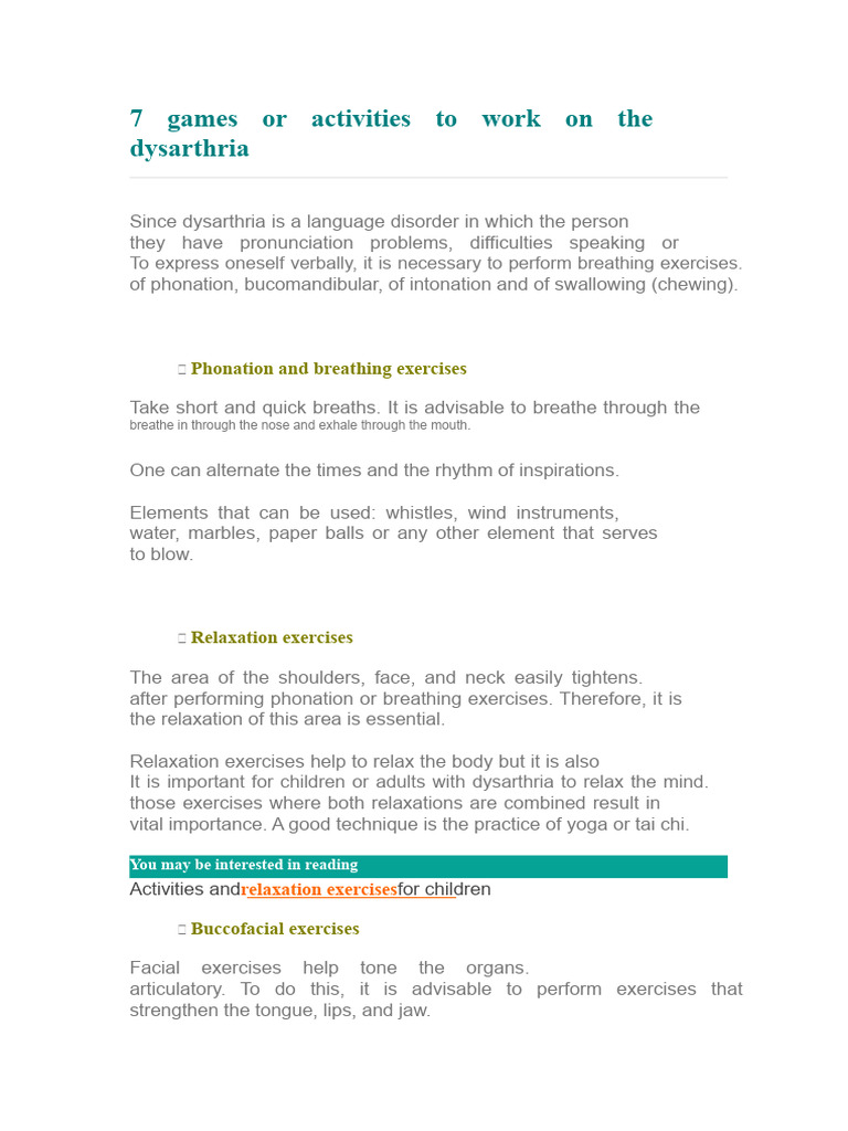 Dysarthria Exercises and Activities for Adults | PDF | Relaxation