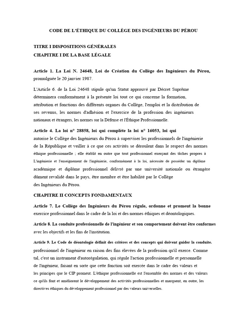 Code d'Éthique des Ingénieurs au Pérou | PDF | Ingénieur | Loi