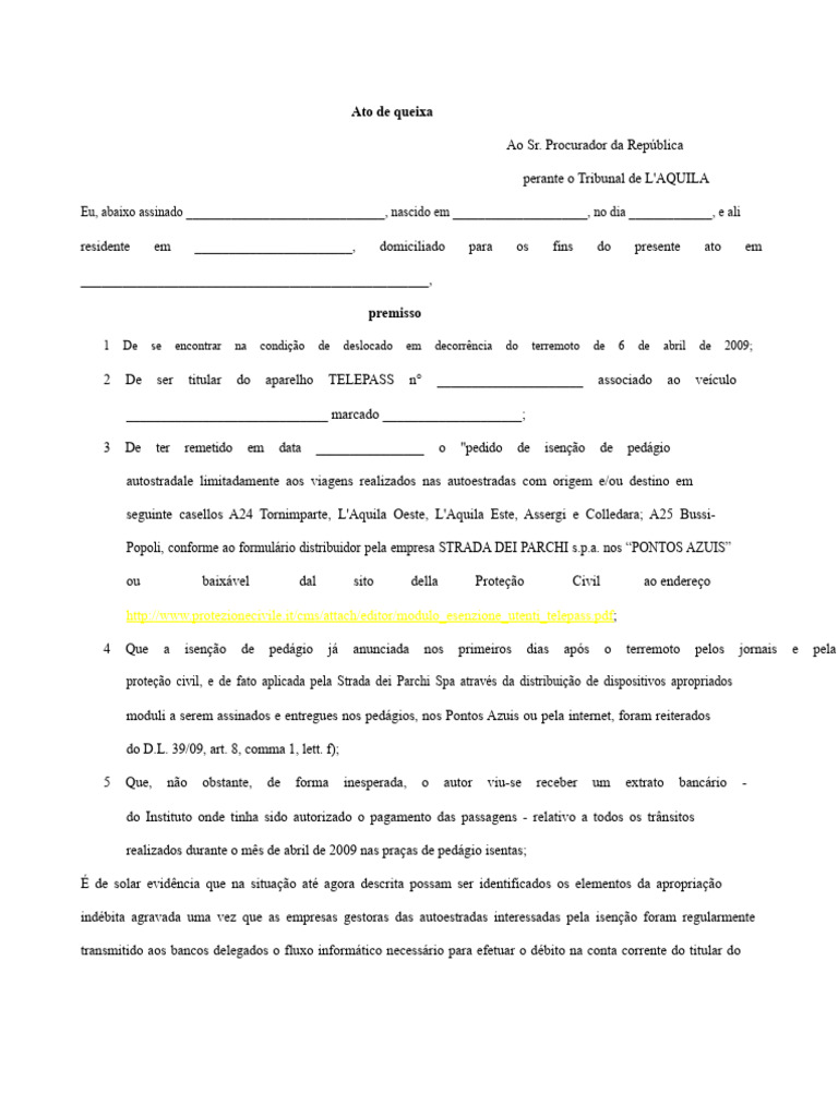 Modelo de Queixa Pagamento Telepass | PDF