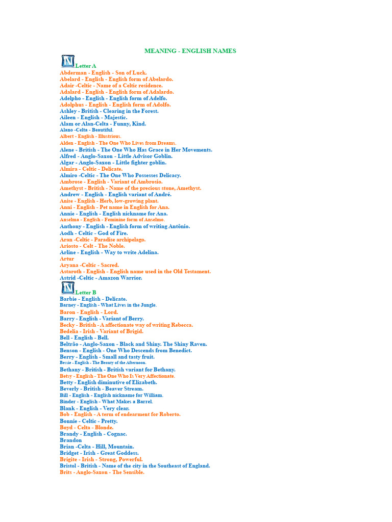 English Names and Their Meanings | PDF