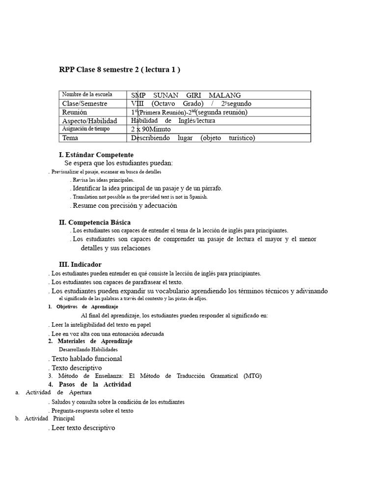 RPP Clase 8 Semestre 2 (LECTURA) | PDF | Traducciones | Aprendizaje