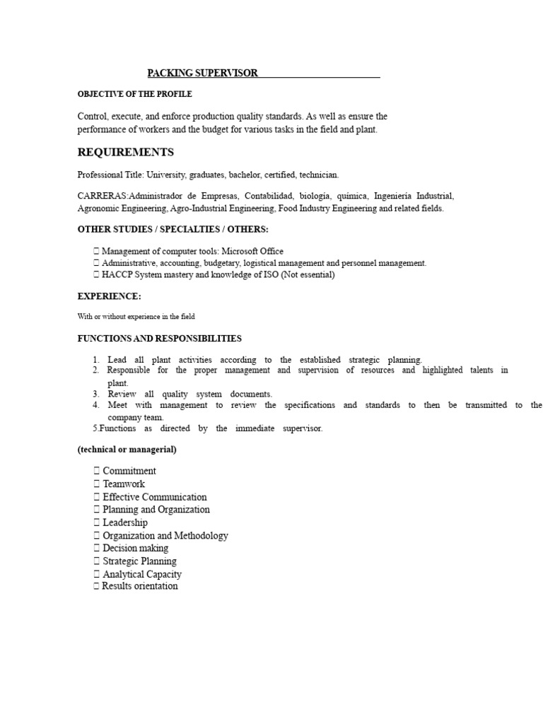 Packing Supervisor Job Overview | PDF