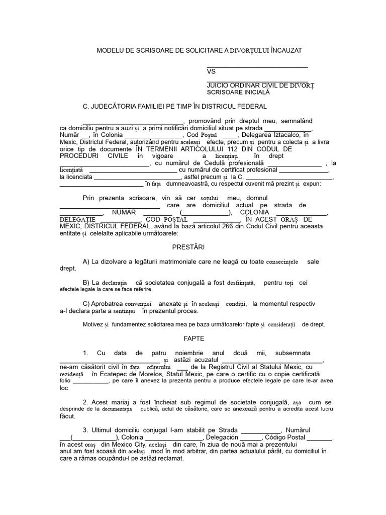Model de Scrisorie de Solicitare A Divorțului Fără Culpa | PDF