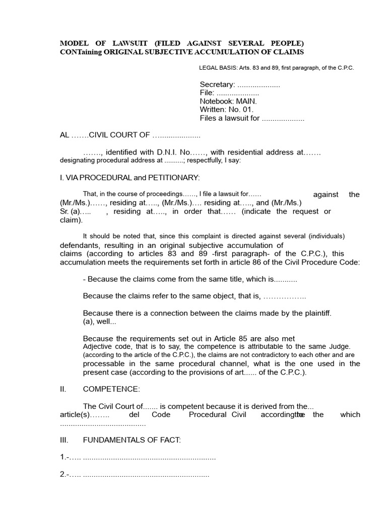 Lawsuit Model for Multiple Defendants | PDF | Lawsuit | Complaint