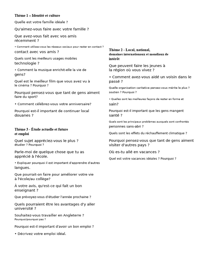 Questions sur famille, culture et avenir | PDF | Réseautage social ...