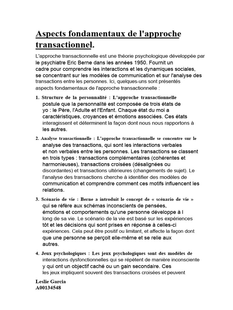 Fondements de l'approche transactionnelle | PDF | Psychologie | Cognition