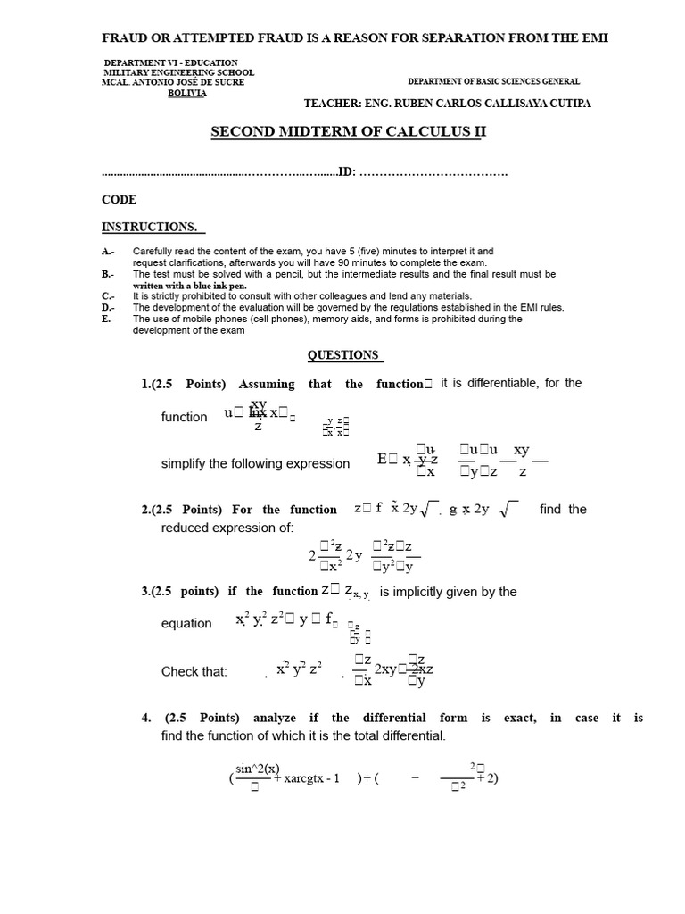 Calculus II Midterm Exam Instructions | PDF | Mathematical Objects ...
