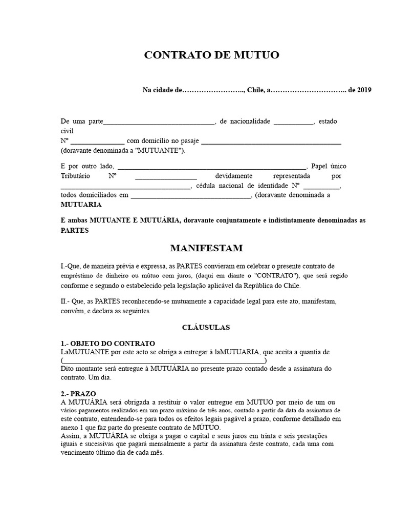 Contrato de Mútuo no Chile: Termos e Condições | PDF | Empréstimos | Juros