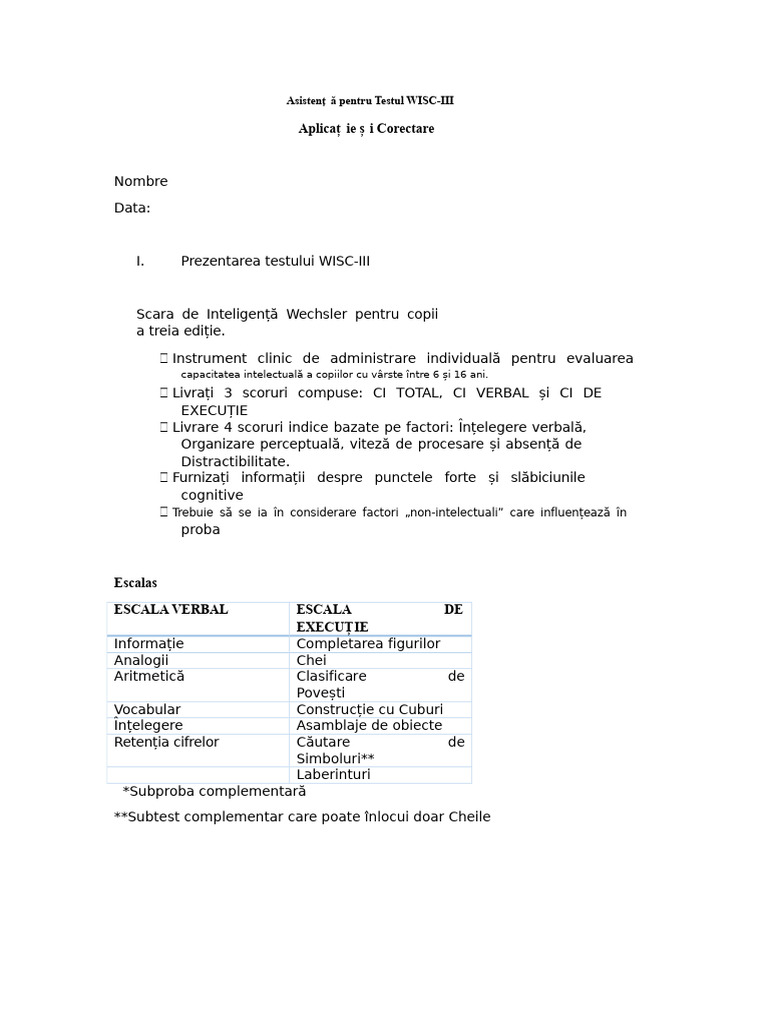 Ghid de Aplicare Și Corectare WISC III | PDF