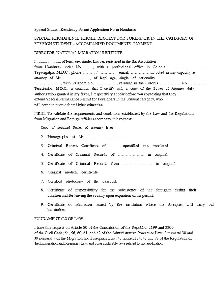 Honduras Student Residency Permit Form | PDF