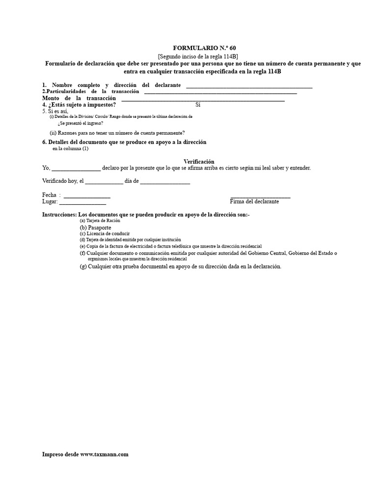 Formulario 60: Declaración de Transacción | PDF