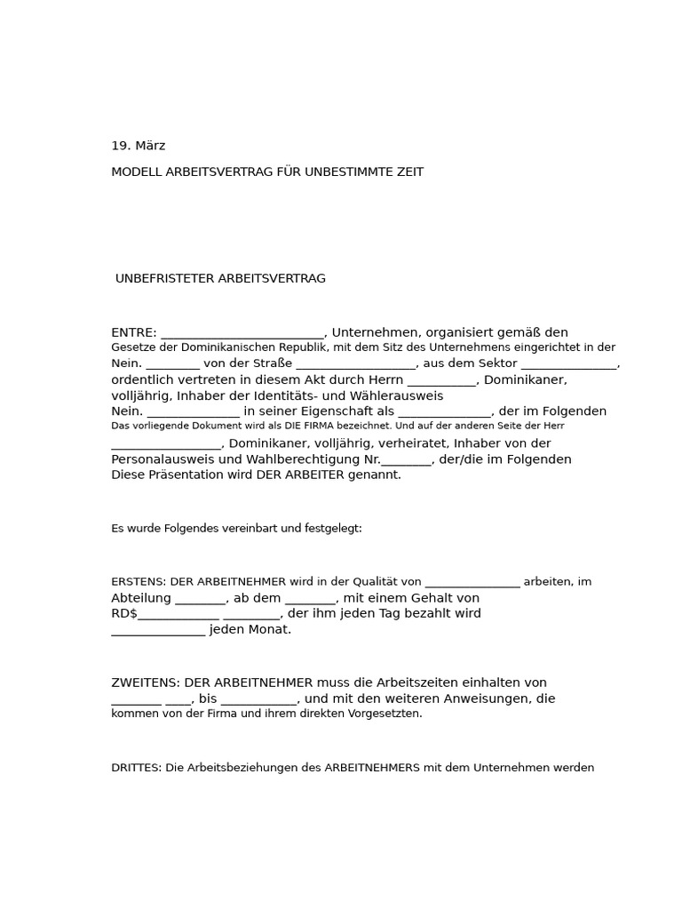 Mustervertrag Über Unbefristete Arbeitsverhältnisse | PDF