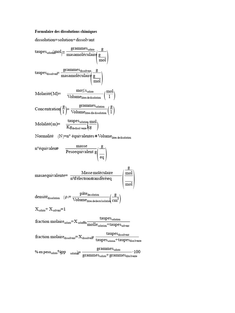 Formules de Dissolution Chimique et Gaz | PDF | Concentration molaire ...