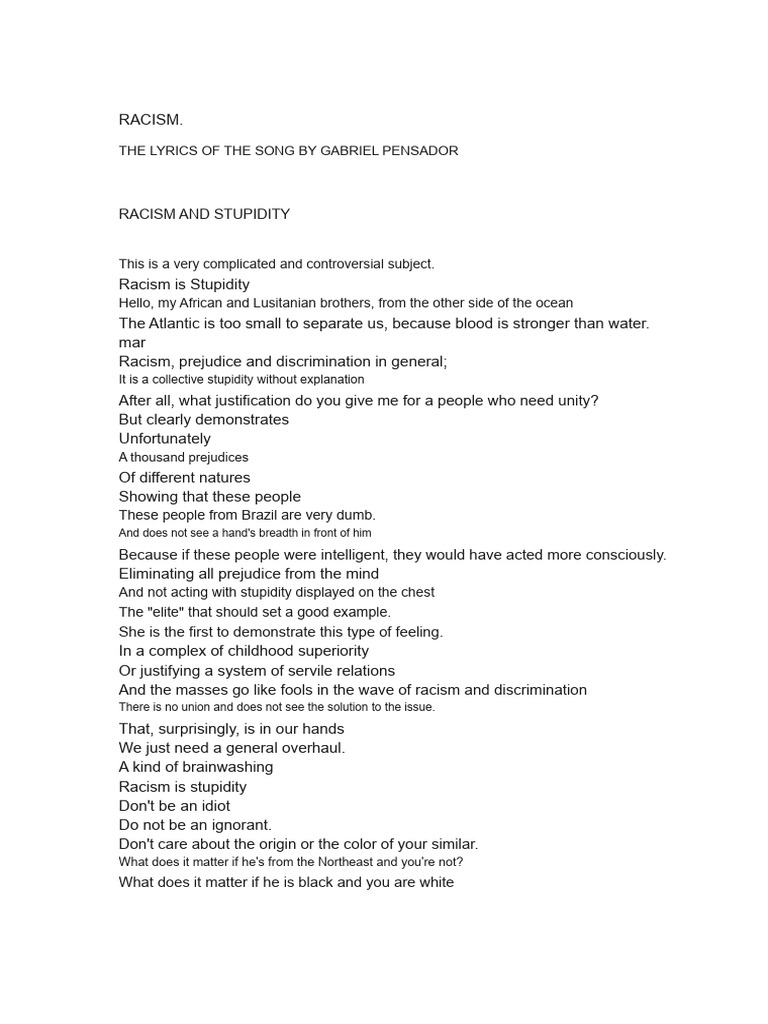 The Racism Song by Gabriel Pensador | PDF | Racism | Discrimination ...