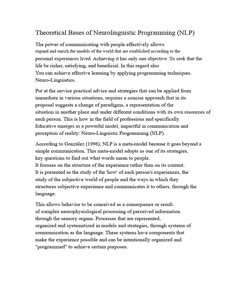 Neurolinguistic Programming in Education | PDF | Neuro Linguistic ...